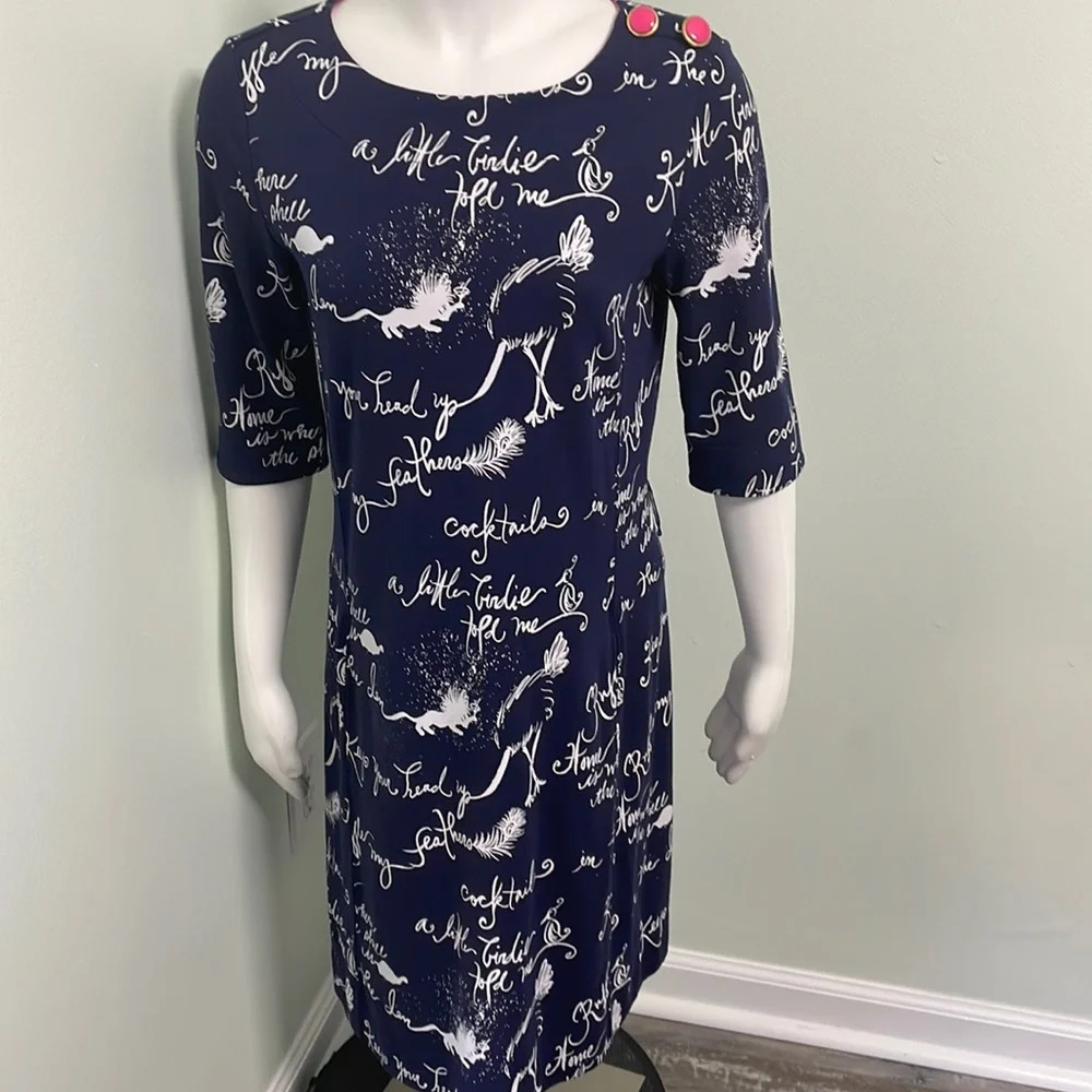 Lilly Pulitzer Navy Blue Pink Ruffle My Feather Script Print Dress Size Small
